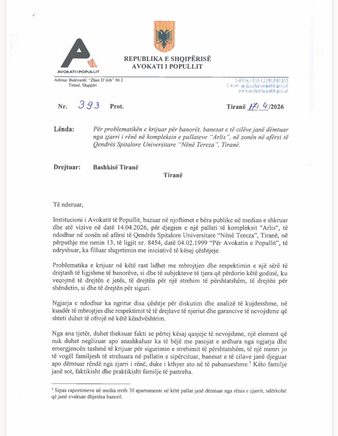 Fire At The "Arlis" Complex, The Ombudsman Writes To The Tirana Municipality:...