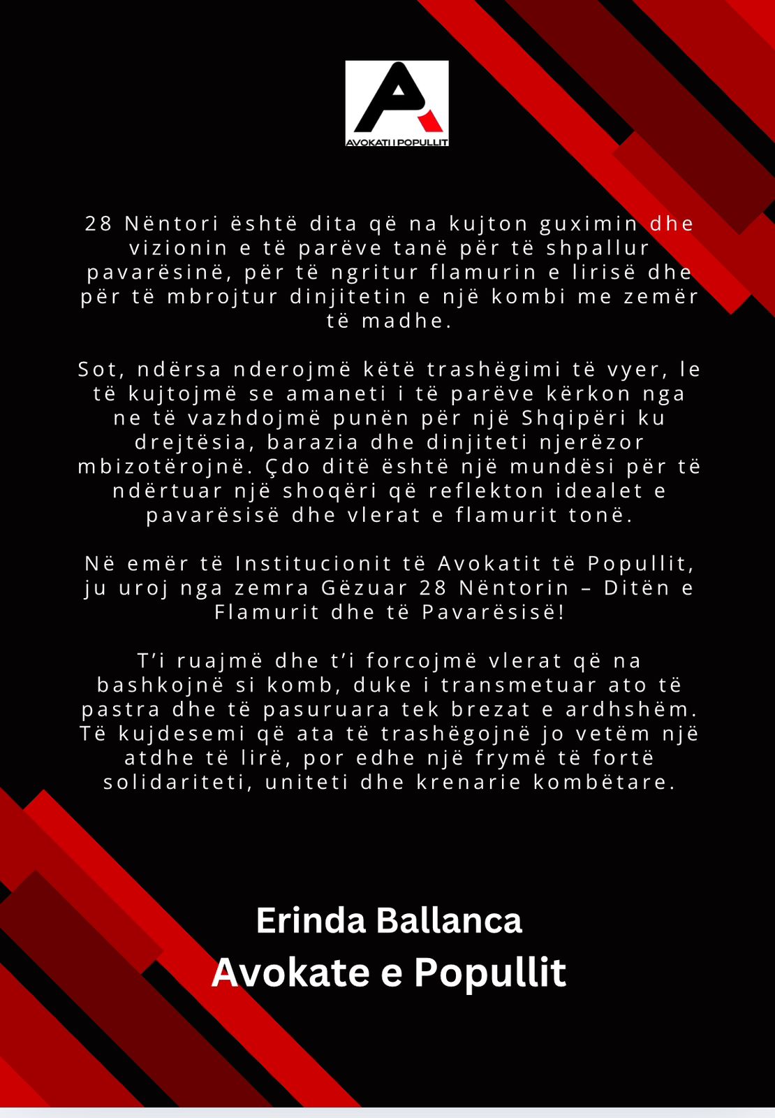 28 Nëntori, Mesazhi I Avokates Së Popullit Me Rastin E Festës Kombëtare