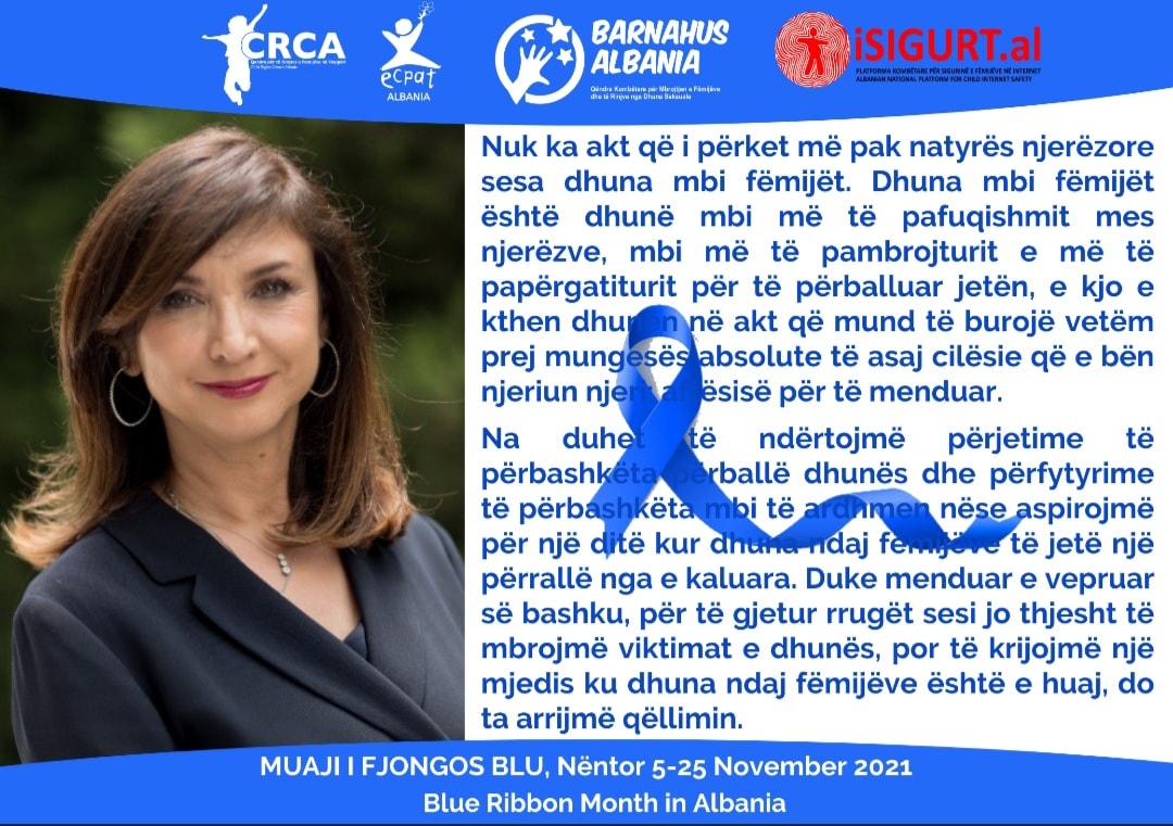 Mesazhi i Avokates së Popullit, Erinda Ballanca me rastin e Ditës së Fjongos Blu, kundër dhunës ndaj fëmijëve